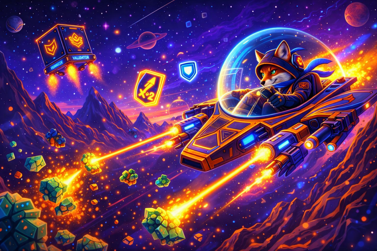 Validator Defender hero art showing the FoxxOne validator core under pressure from network threats