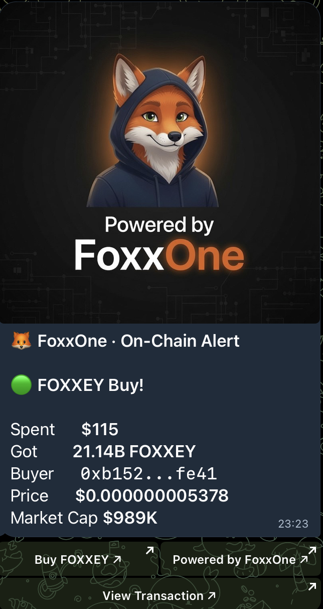 Example FOXXEY buy alert in a Telegram channel — showing Spent, Got, Buyer, Price, Market Cap and trade buttons